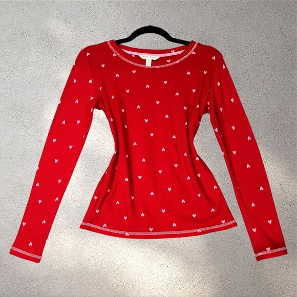 Laura Ashley Heart Print Pajama Set Women’s M Red Waffle Knit Y2K Cozy Valentine - Picture 4 of 16
